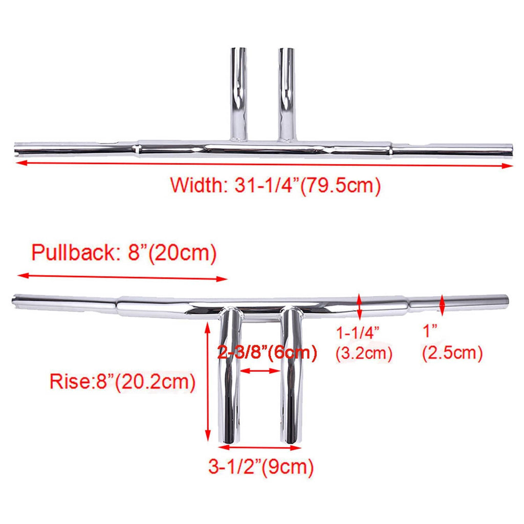 Chrome drag T-bar handlebar set with center clamp section, shown with labeled size diagram