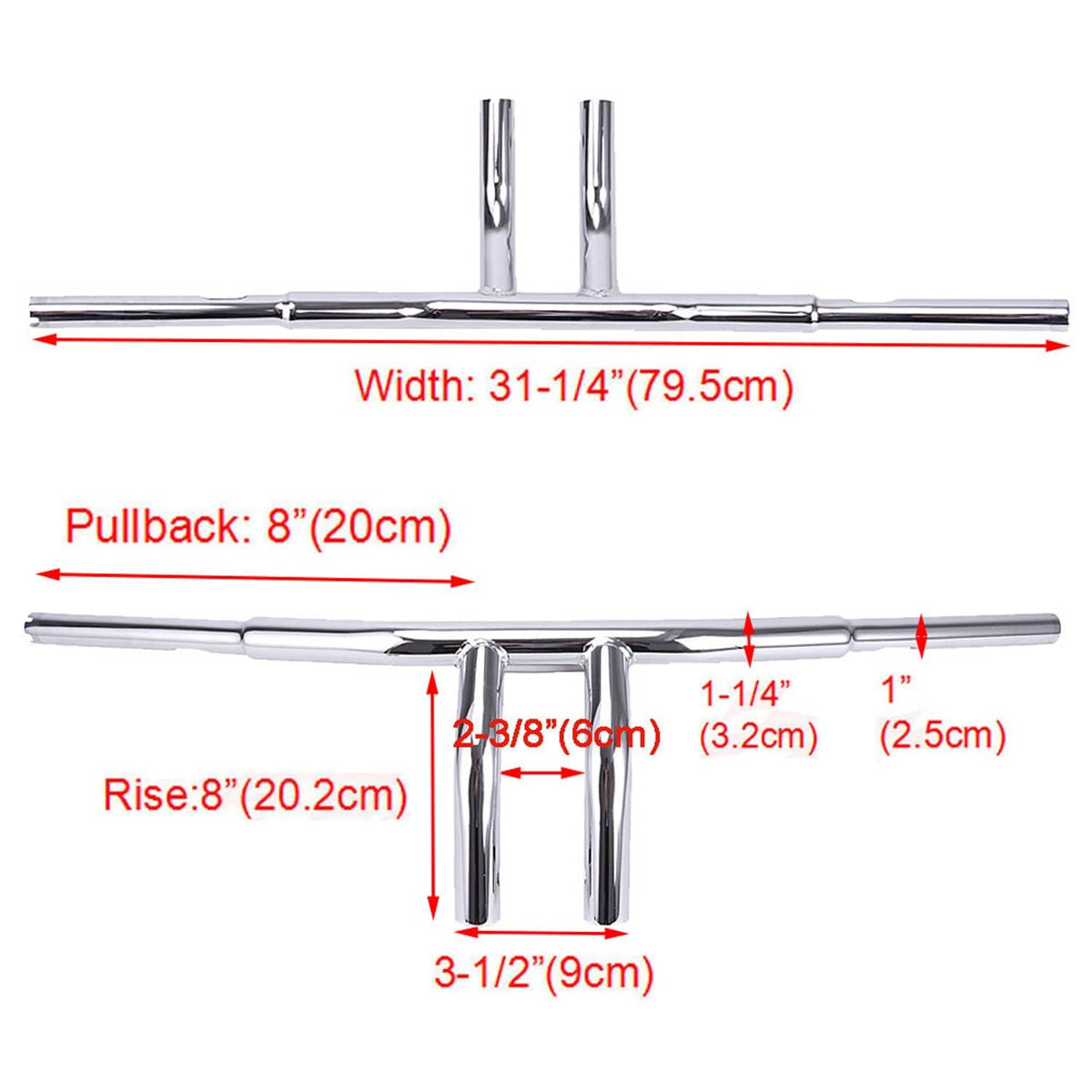 Chrome drag T-bar handlebar set with center clamp section, shown with labeled size diagram