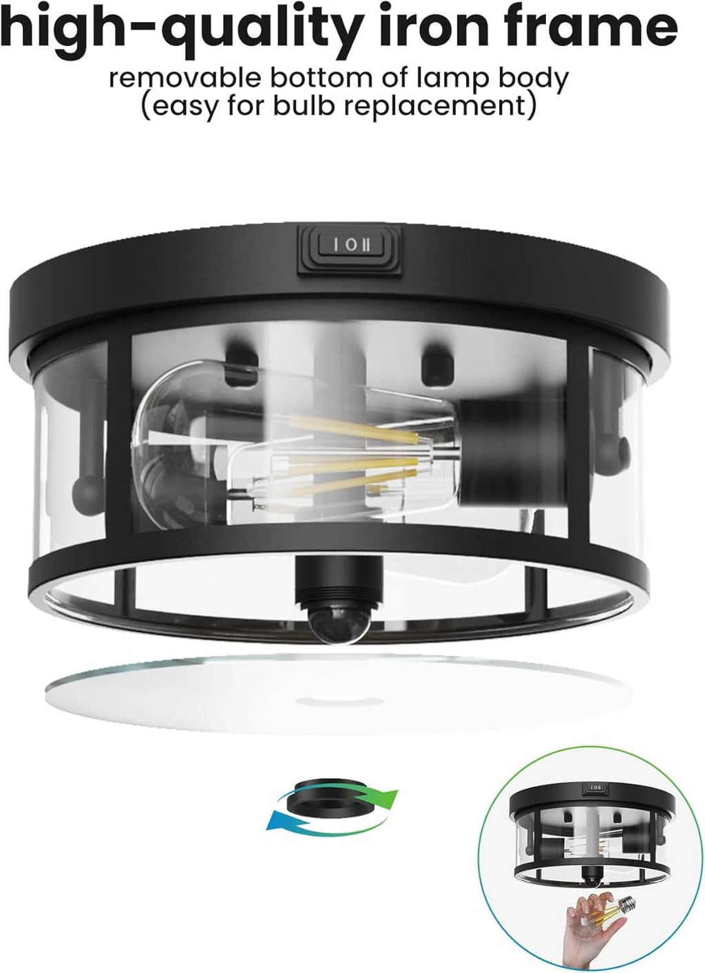 Black iron frame outdoor ceiling light with removable bottom lamp-body