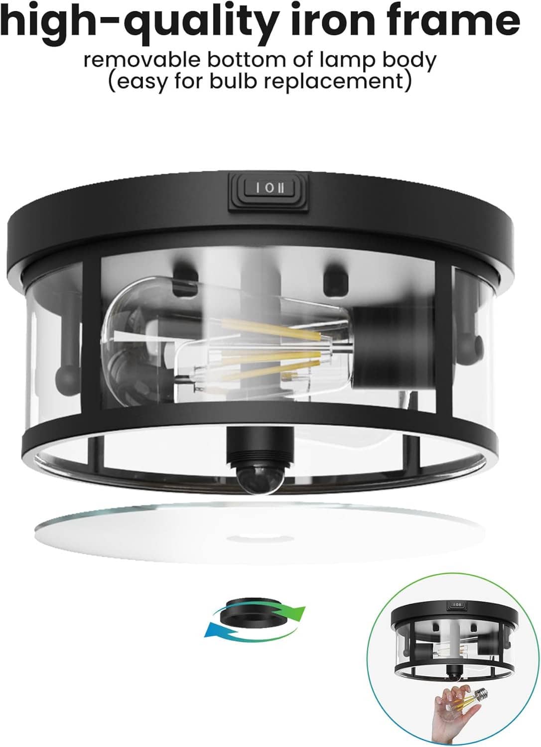 Black iron frame outdoor ceiling light with removable bottom lamp-body