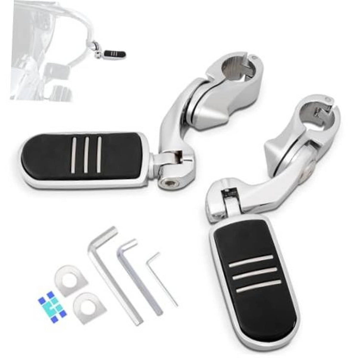Adjustable black rubber foot pegs with chrome short angled mounts and mounting hardware