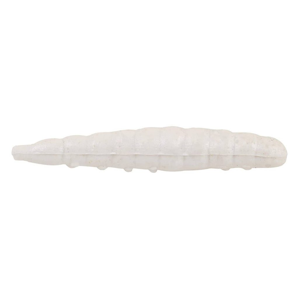 White plastic fishing worm bait, curved with segmented texture