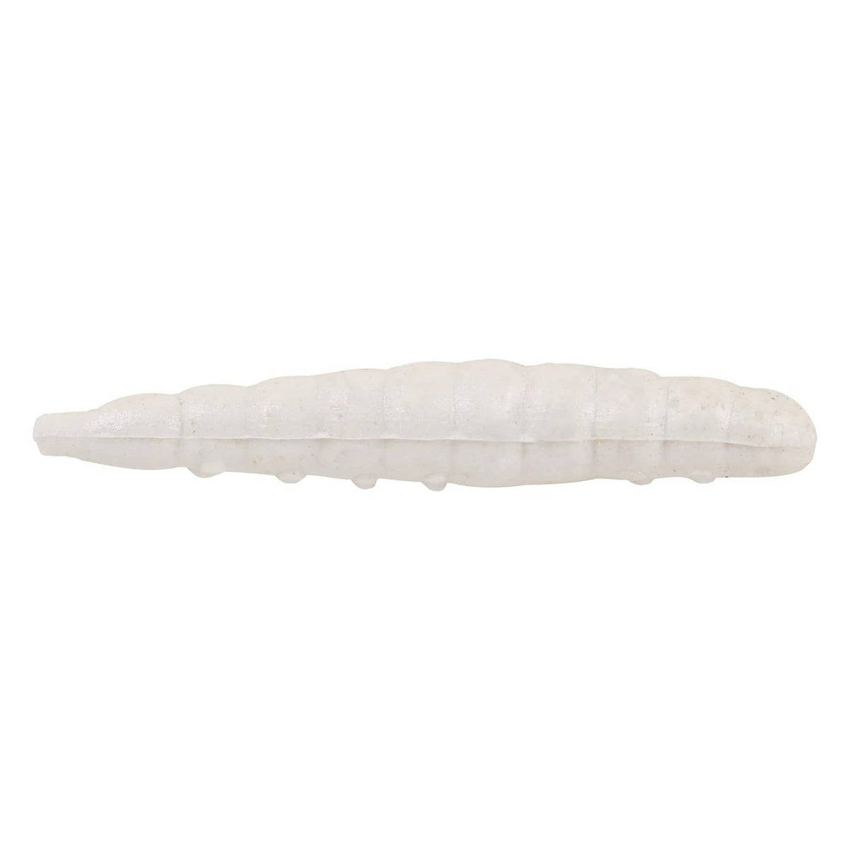 White plastic fishing worm bait, curved with segmented texture