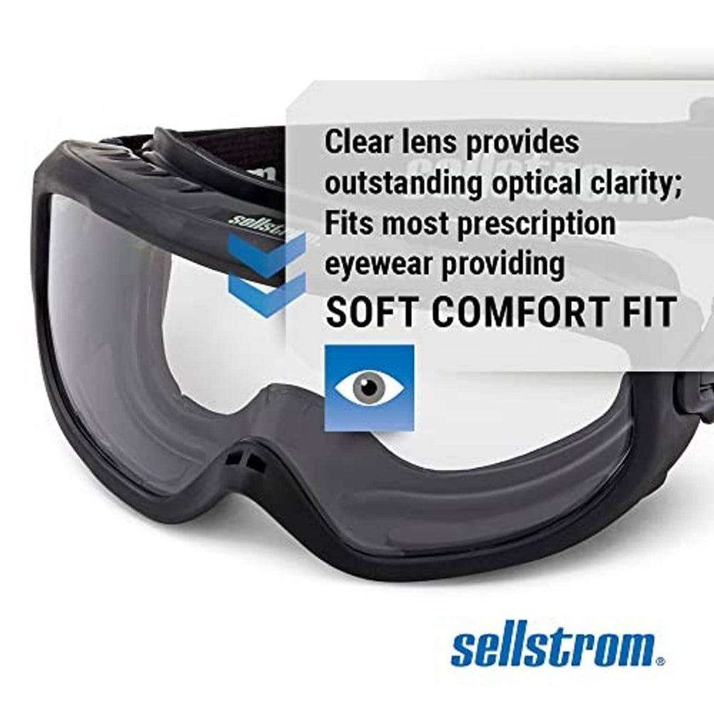 Black safety goggles with clear lens and soft foam edge seal.