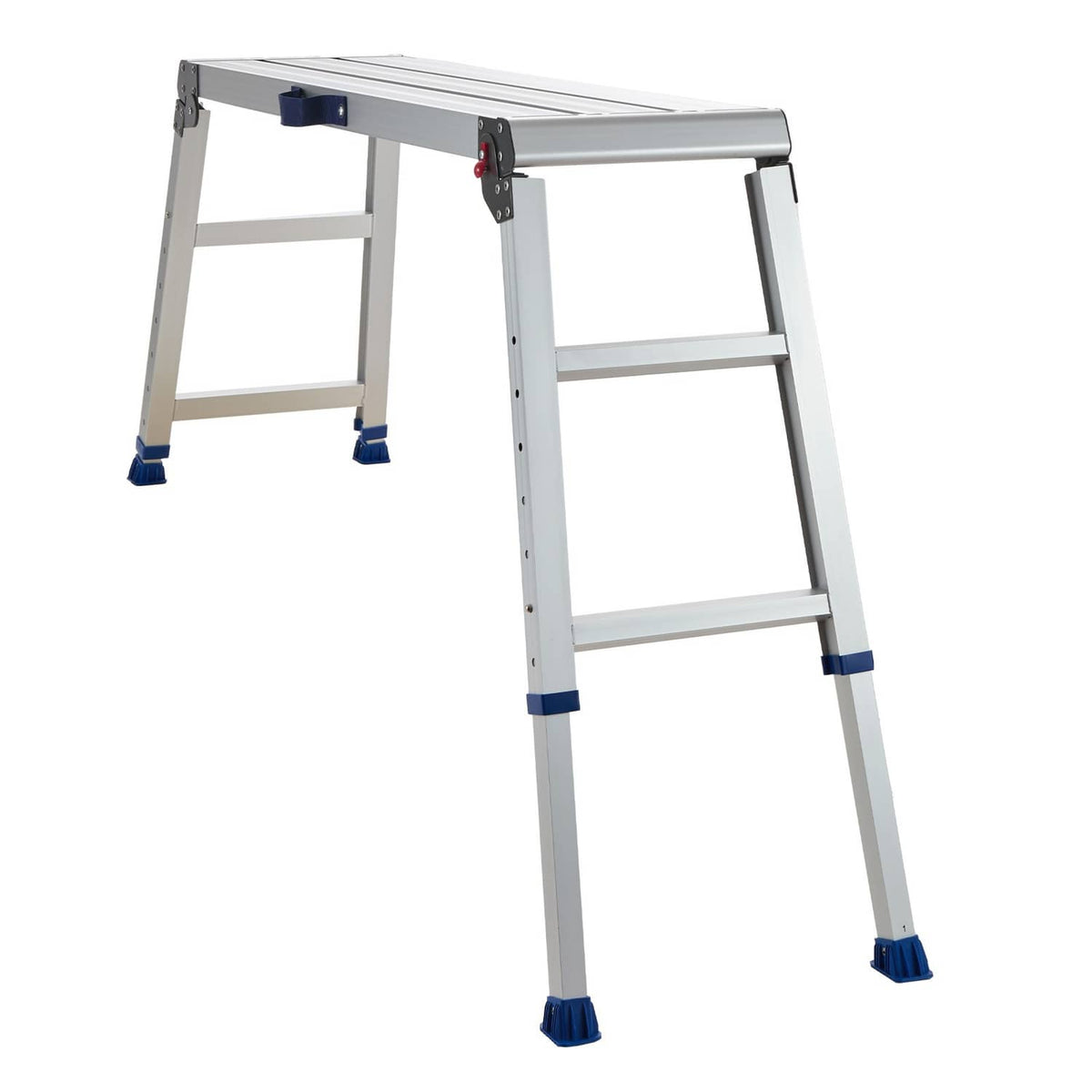 Tall folding work platform stool, white aluminum frame with blue non-slip feet