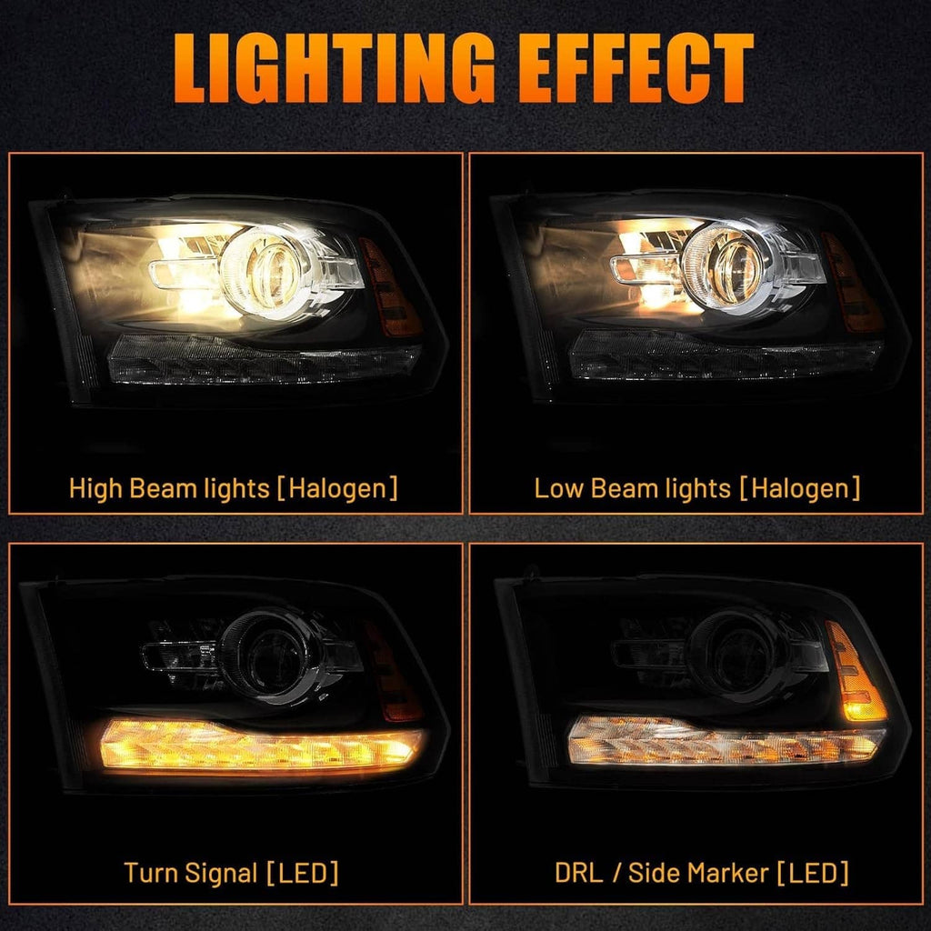 Black projector headlight lighting effects: high beam, low beam, turn signal, DRL