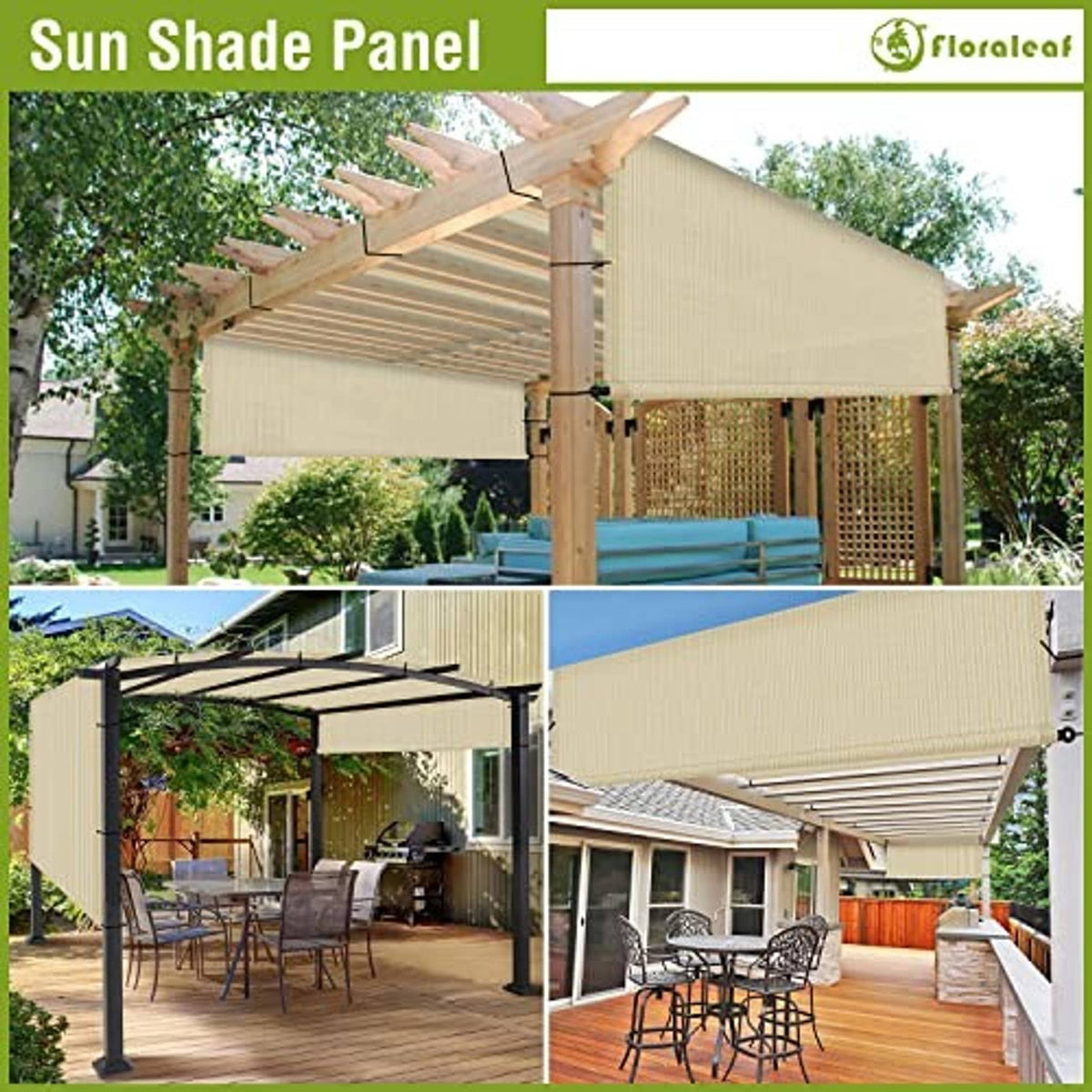 Beige pergola shade cover canopy shown installed over outdoor seating areas