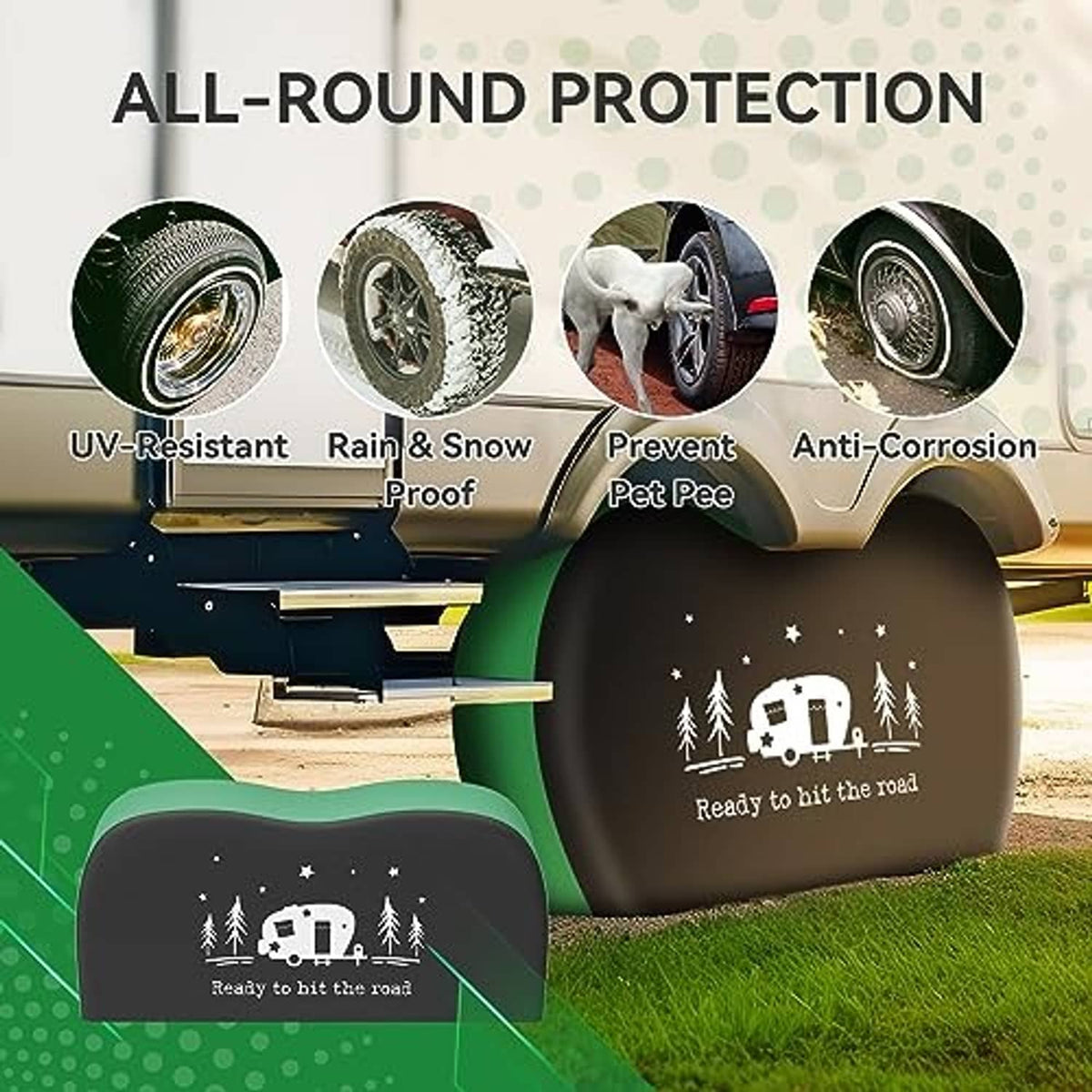 Green-and-black dual-axle RV tire covers with camper and tree graphic, two-pack