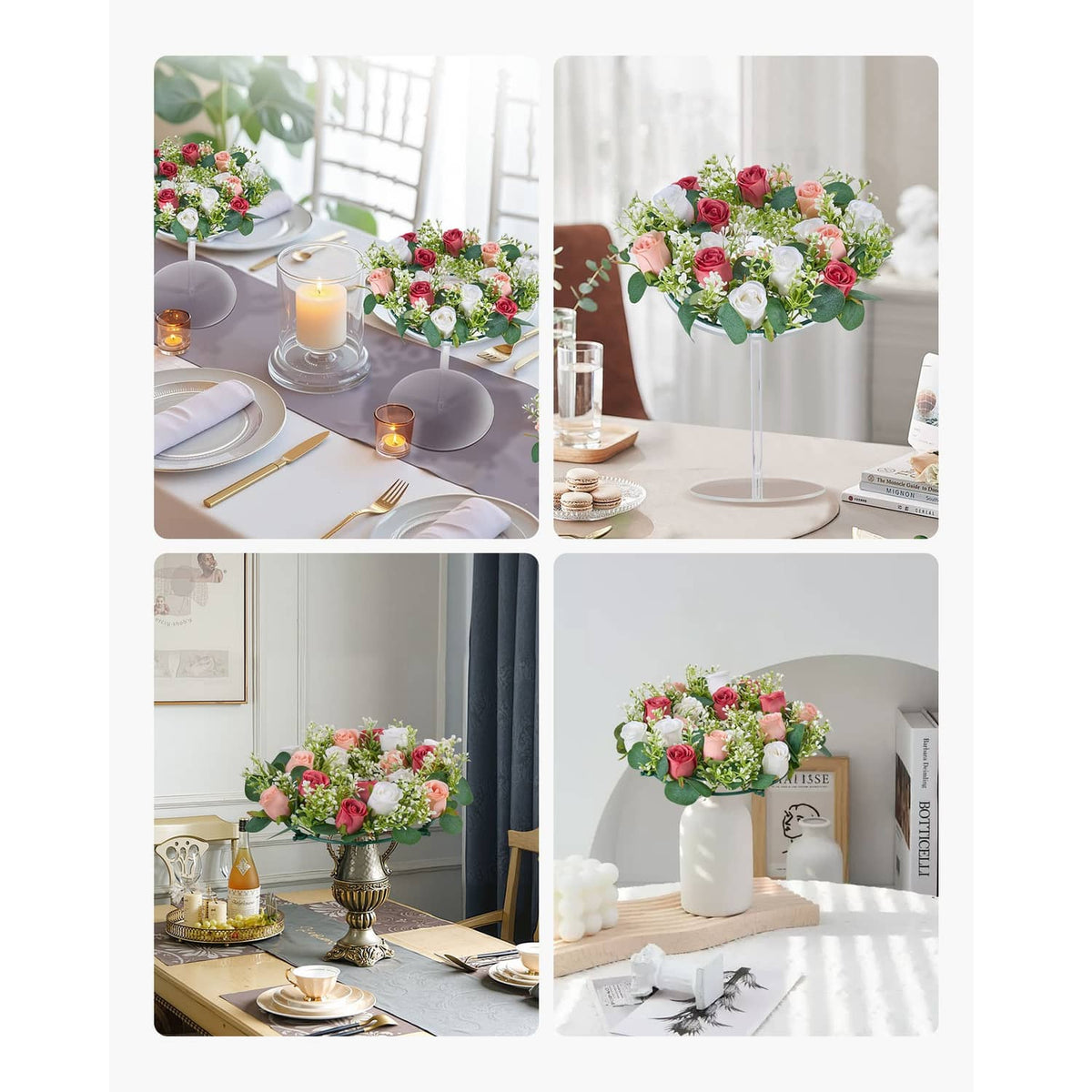 Artificial rose flower wreath ring centerpiece with pink and red roses in a dining setting