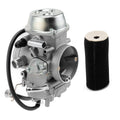 Carburetor assembly with metal body, black hoses, and foam air filter
