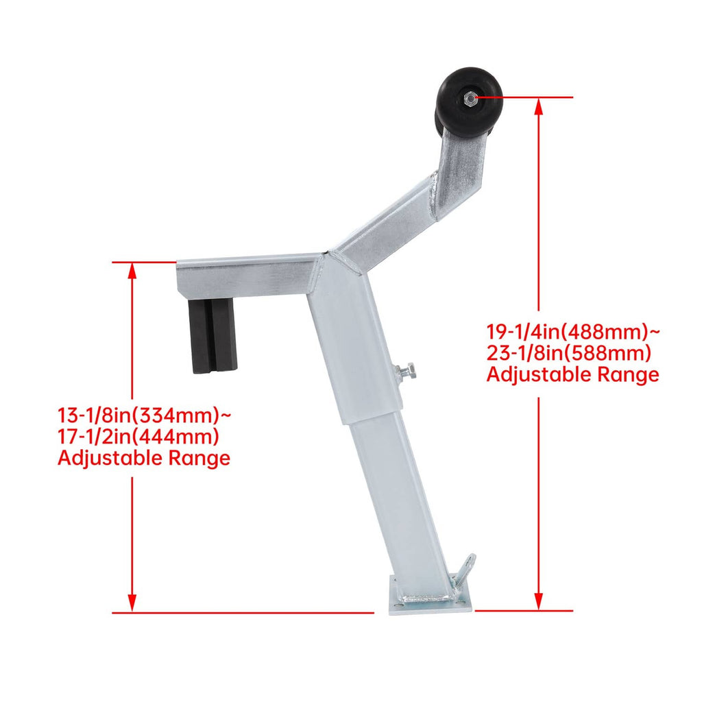 Adjustable winch stand with black roller and height range marked on arm