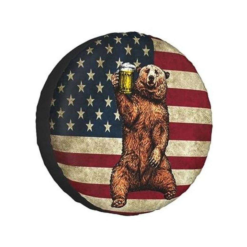 Circular RV spare tire cover with bear and American flag graphic, black outer border