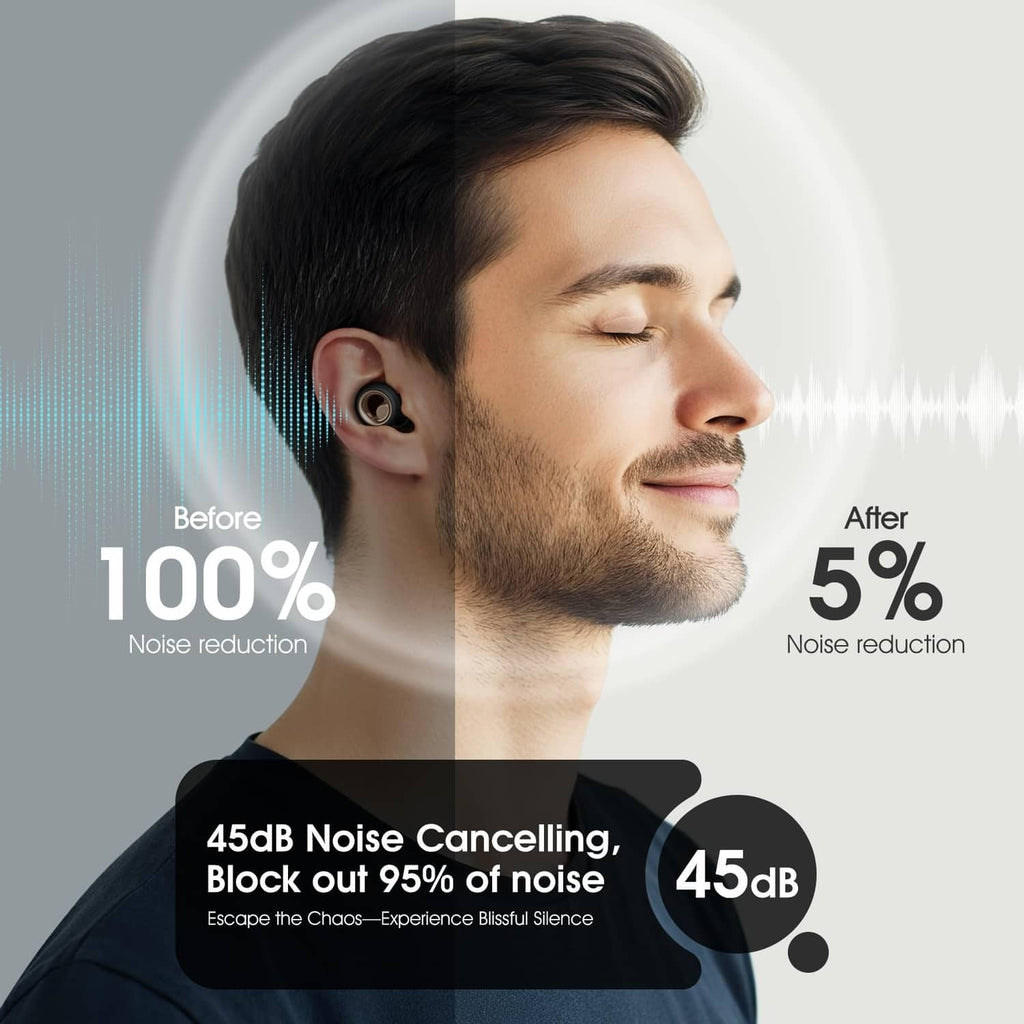 Black silicone ear plug in a sleeper’s ear for noise reduction