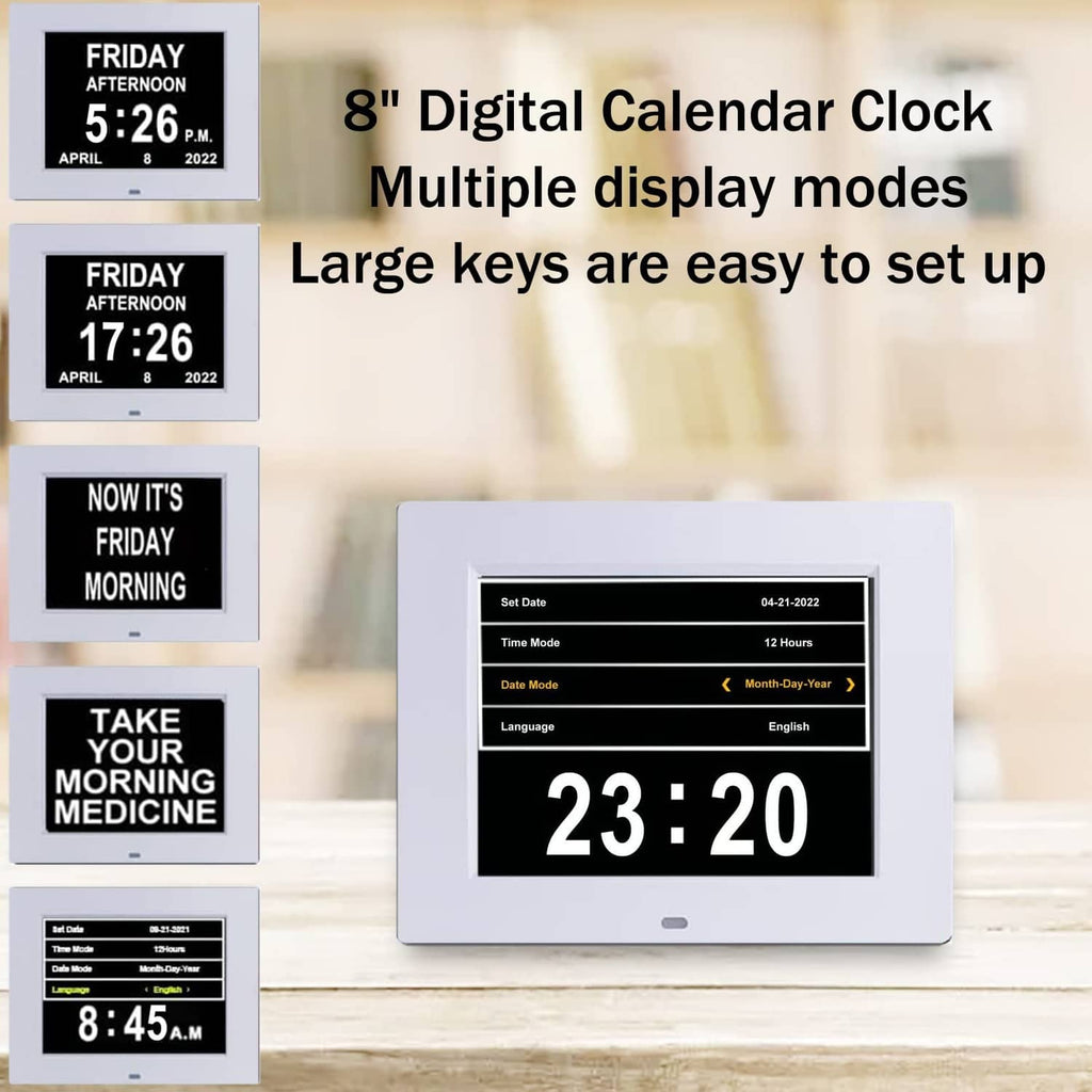 8-inch digital calendar clock with 23:20 display and date settings