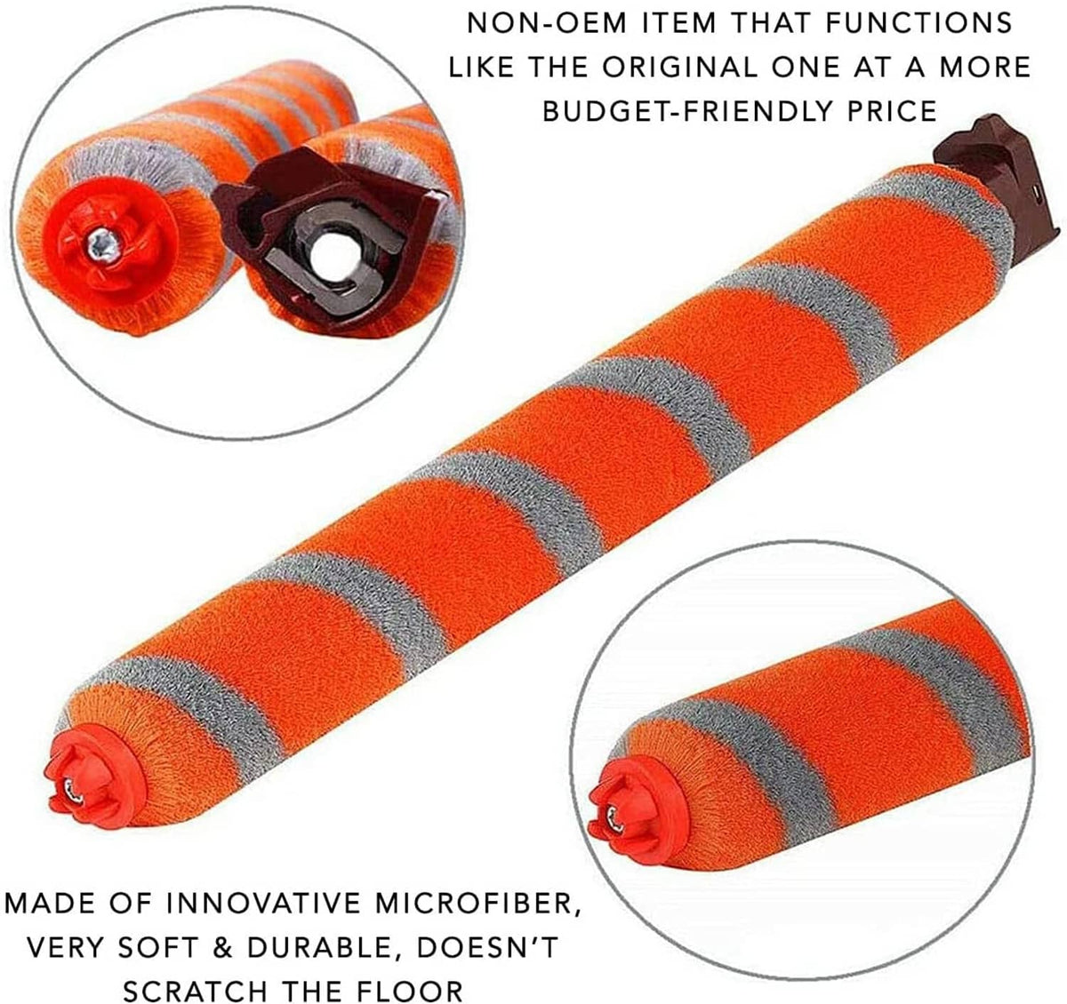 Orange microfiber roller brush with gray stripes and red end caps, with mount shown