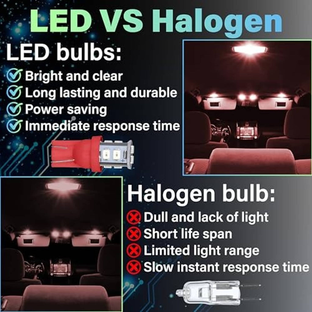 Red LED interior dome bulbs installed on car ceiling panel, bright white light