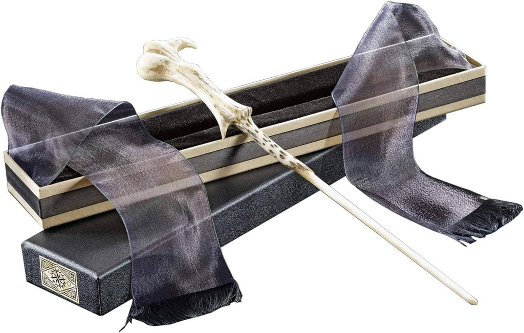 Angled wand extending from striped box with dark gray ribbon wrap
