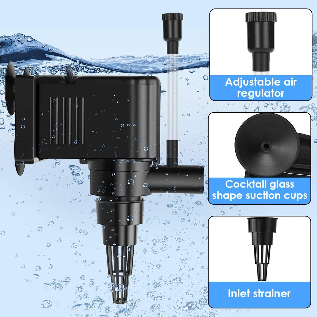 Black aquarium powerhead pump with adjustable air regulator and inlet strainer