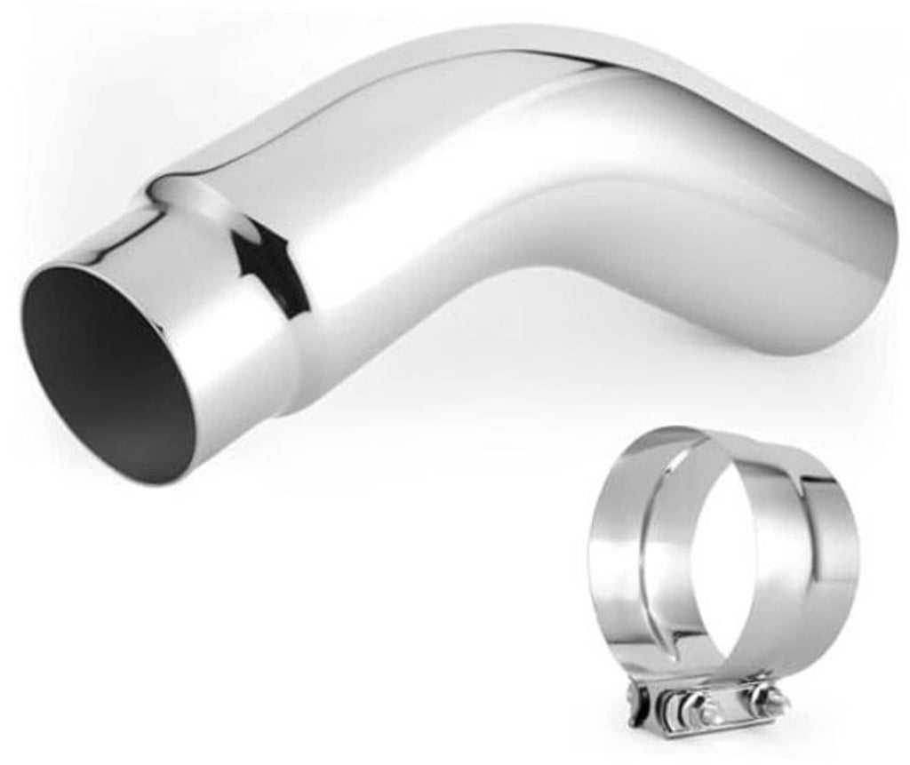 Universal chrome exhaust elbow tip with angled inlet and dark round outlet