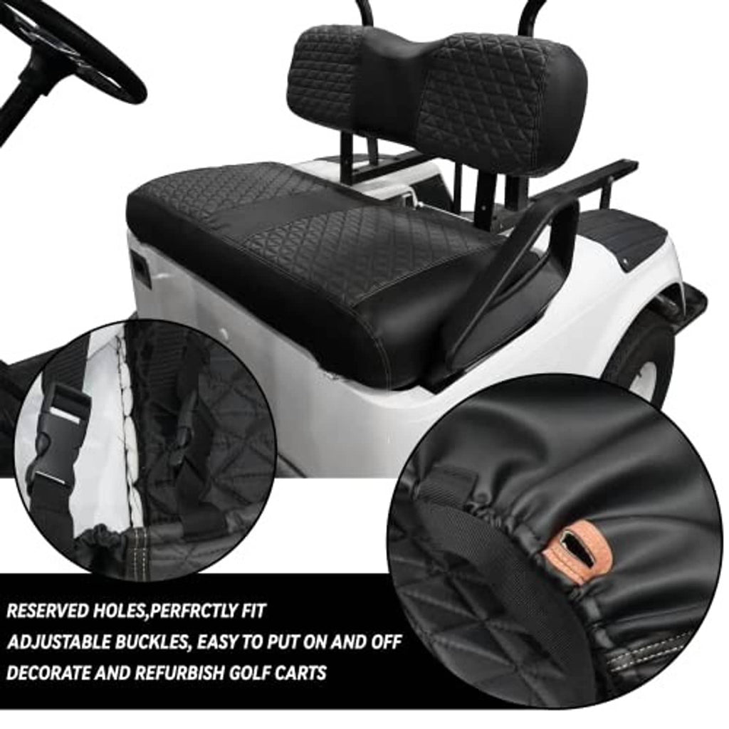 Black quilted seat covers with adjustable buckles and stitched seams on golf cart