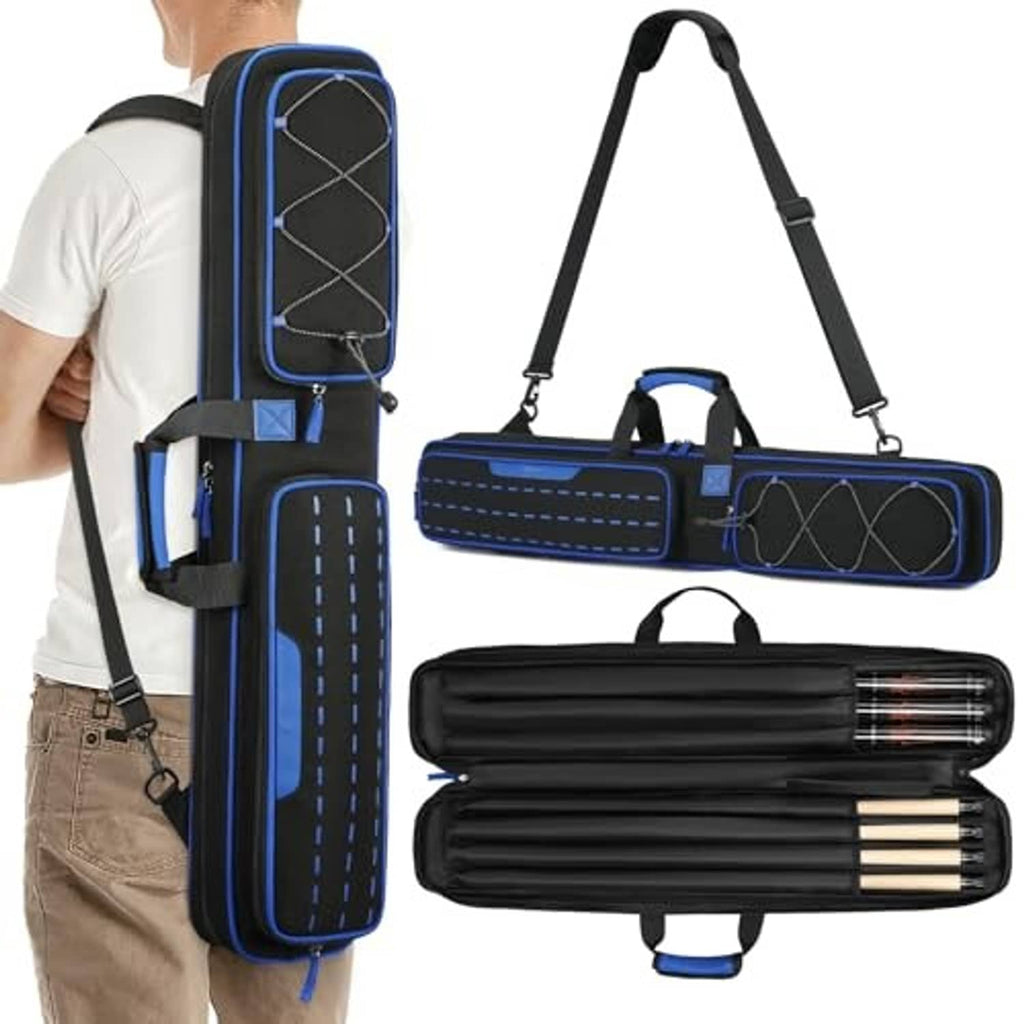 Blue and black pool cue case with carry handle, shoulder straps, and long zipper
