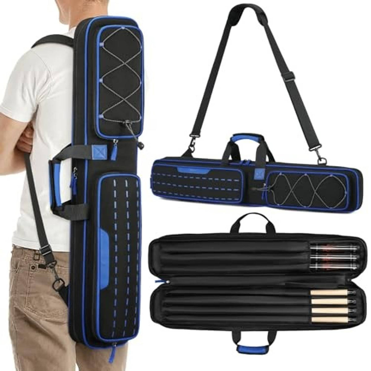 Blue and black pool cue case with carry handle, shoulder straps, and long zipper