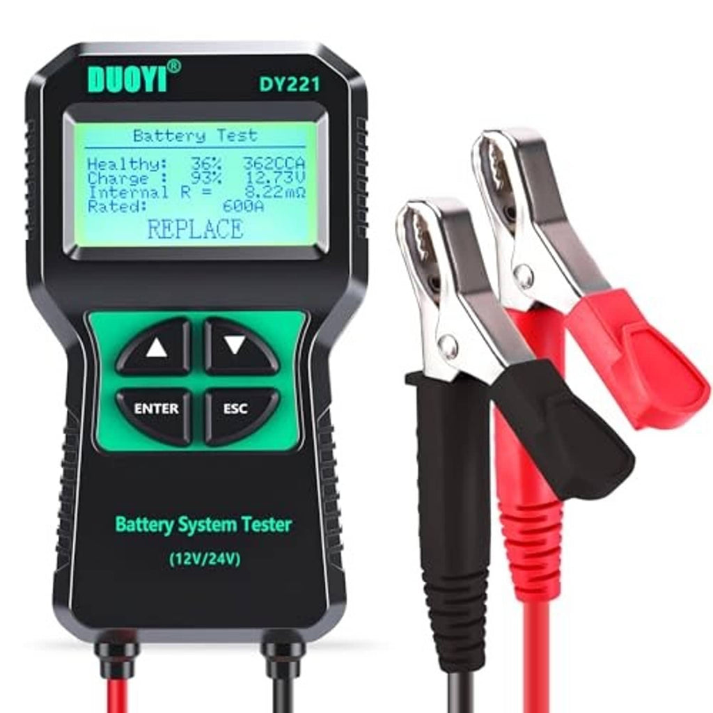 Battery system tester device with LCD screen and red/black alligator clamp cables