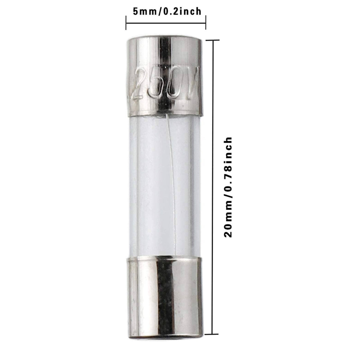 200V fast-blow glass fuse, clear body, metal end caps, 5x20mm