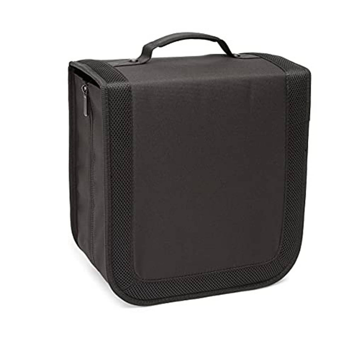 Black CD/DVD binder case with zippered front pocket and carry handle