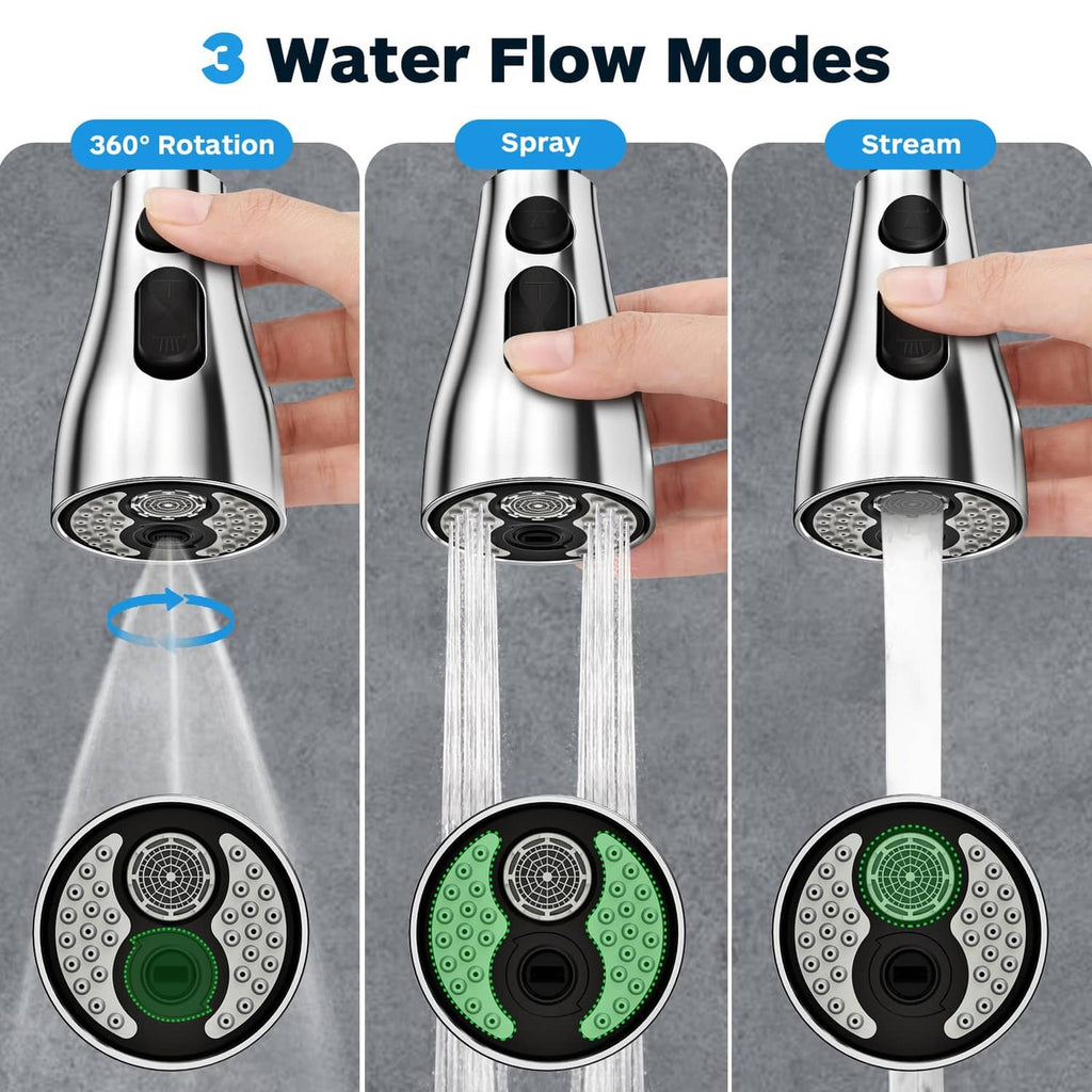 Kitchen faucet spray head with 3 flow mode settings, rotate connector, and nozzles