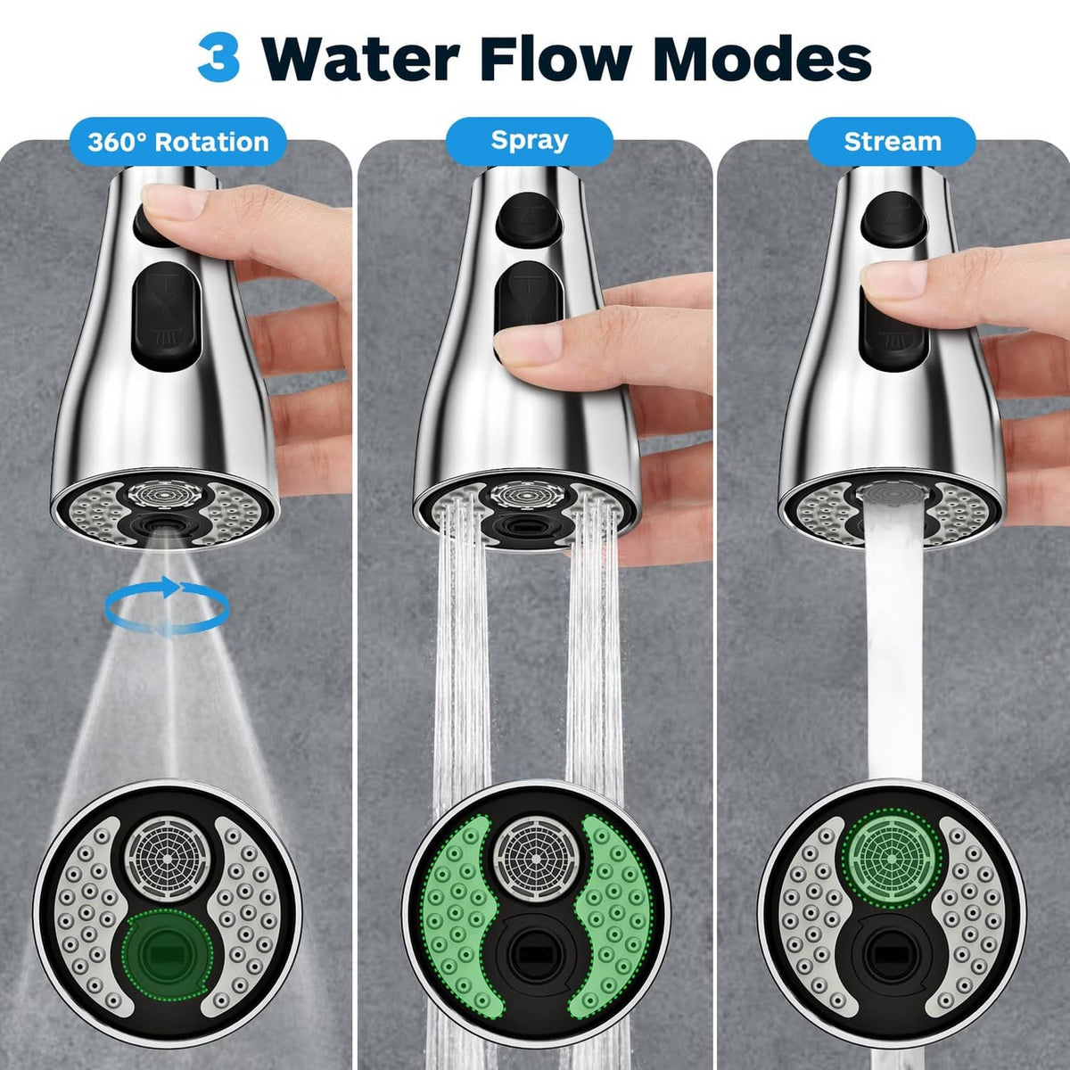 Kitchen faucet spray head with 3 flow mode settings, rotate connector, and nozzles