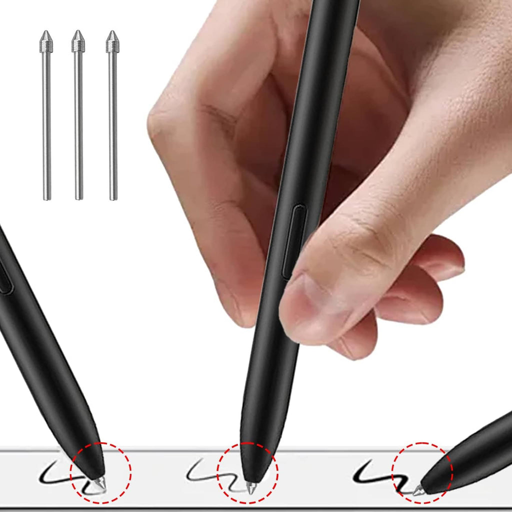 Stylus with replacement nib tips, silver metal threaded caps shown in hand