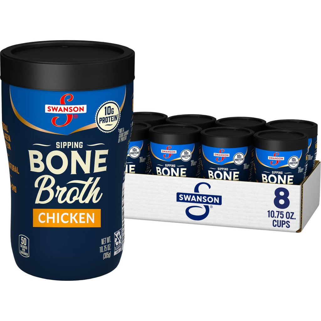 Bone broth cup with Sipping Bone Broth chicken label and 10g protein mark