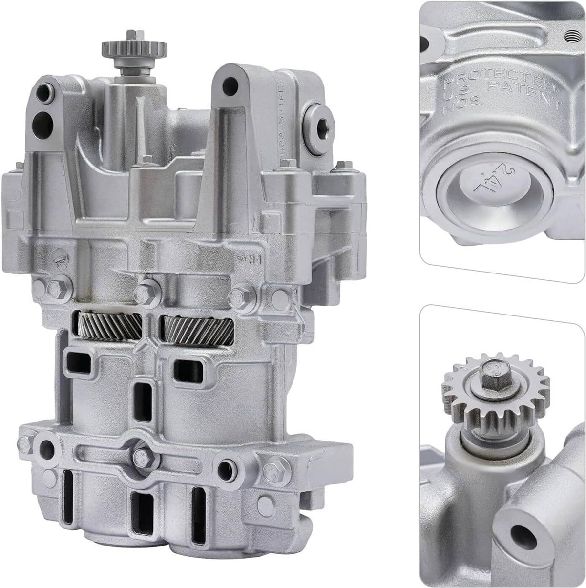 Oil pump balance shaft assembly close-up with silver metal housing and visible gear end