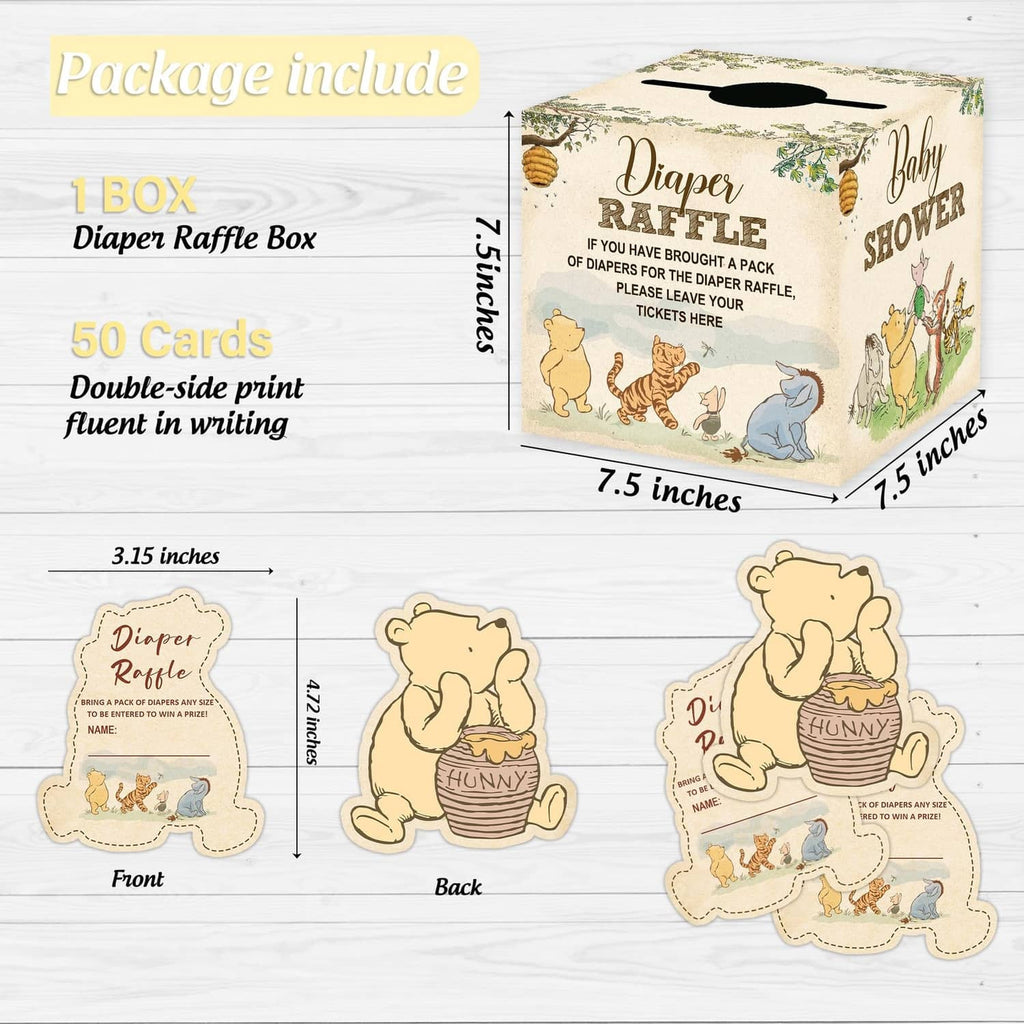 Diaper raffle box packaging showing front and side views for diaper raffle