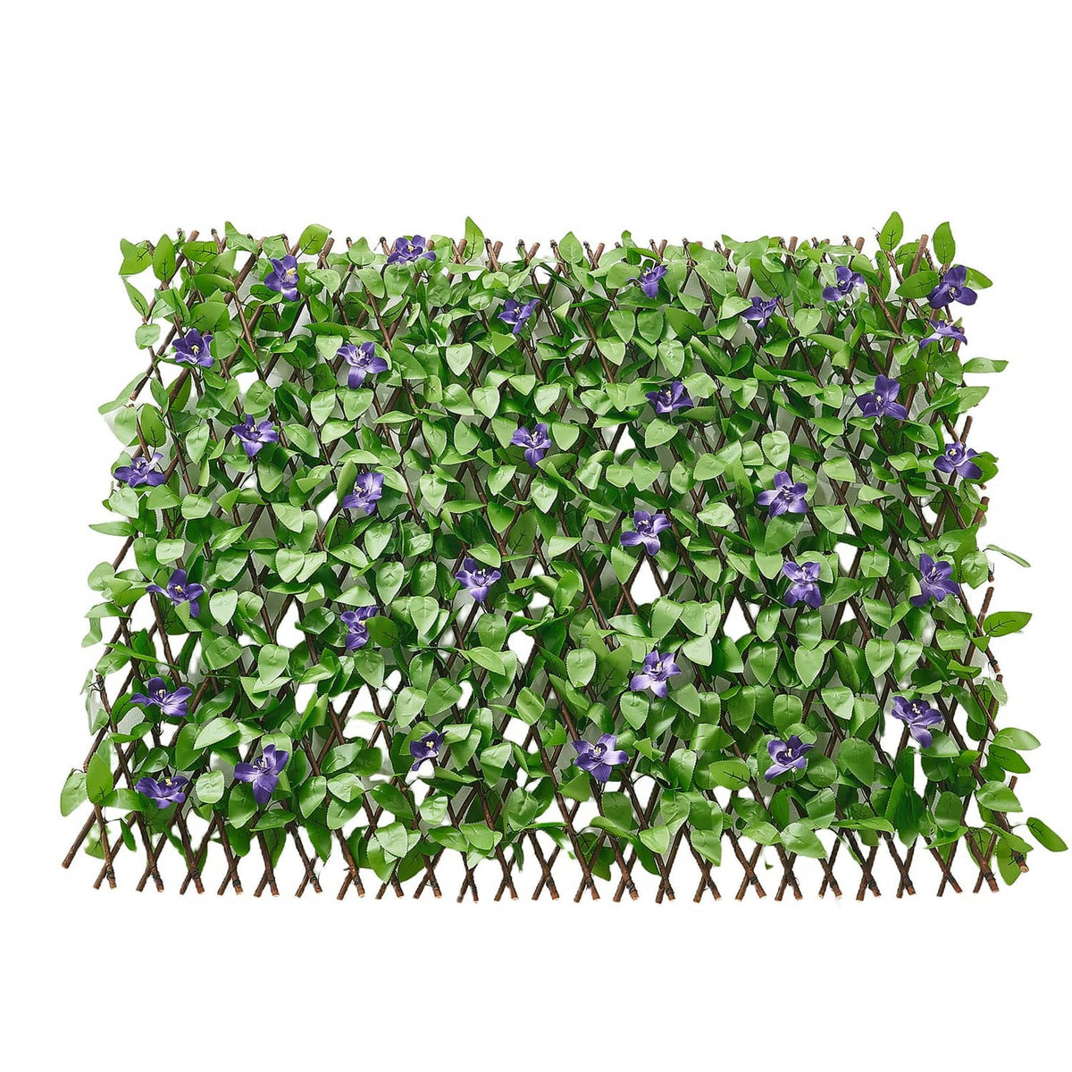 Dense green artificial ivy privacy screen with scattered purple flower clusters