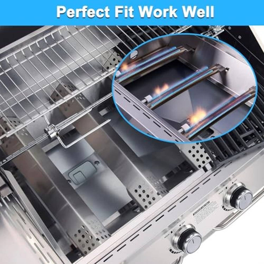 Stainless grill burner tubes and heat shield panels installed inside the grill