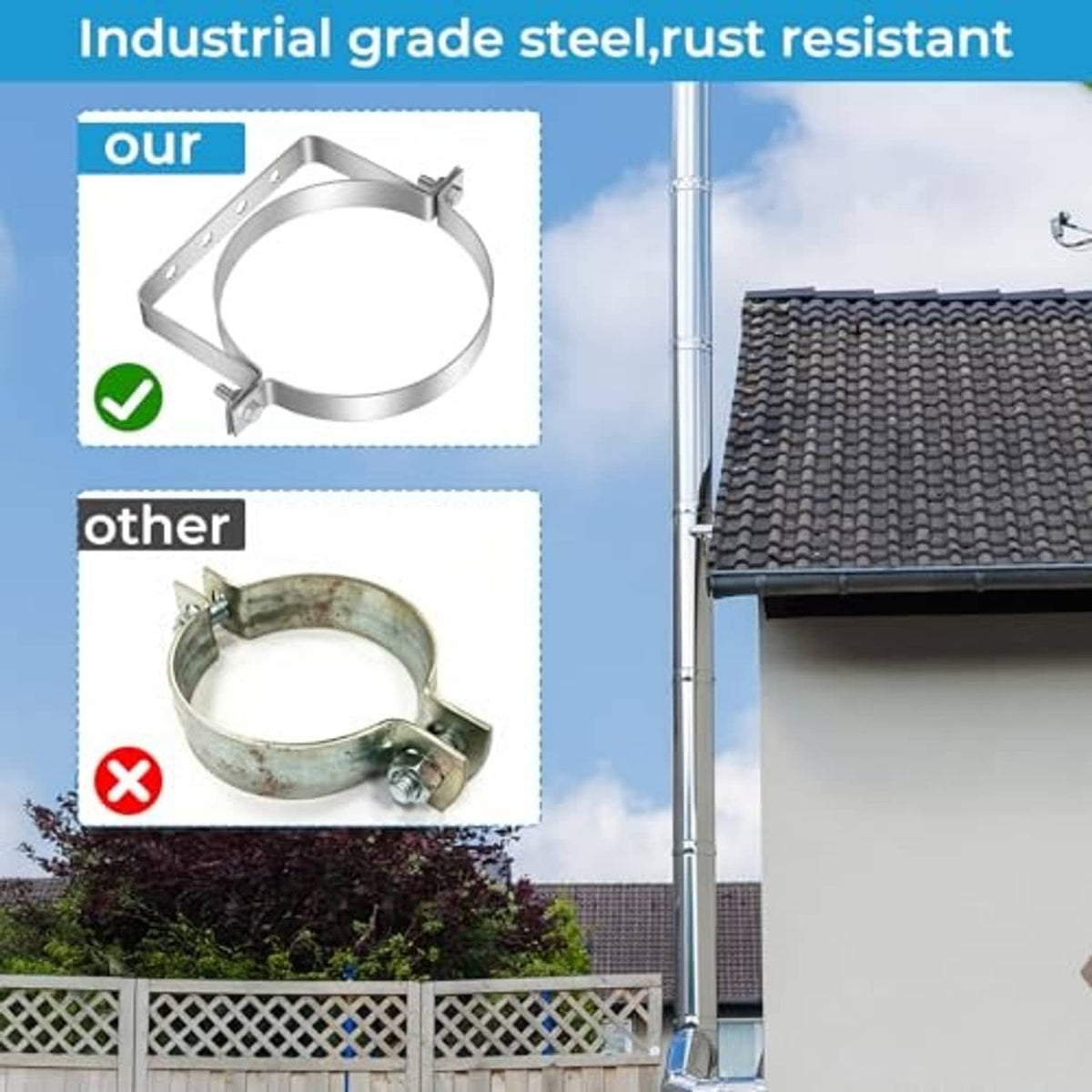 Rust-resistant stainless steel split-ring pipe hanger bracket with mounting bolts
