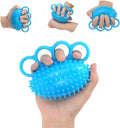 Blue spiky finger therapy grip ball with 5 finger loops for hand exercises