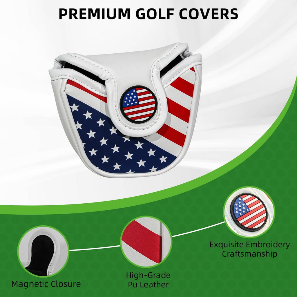 White mallet golf putter head cover with U.S. flag print and oval badge on front panel