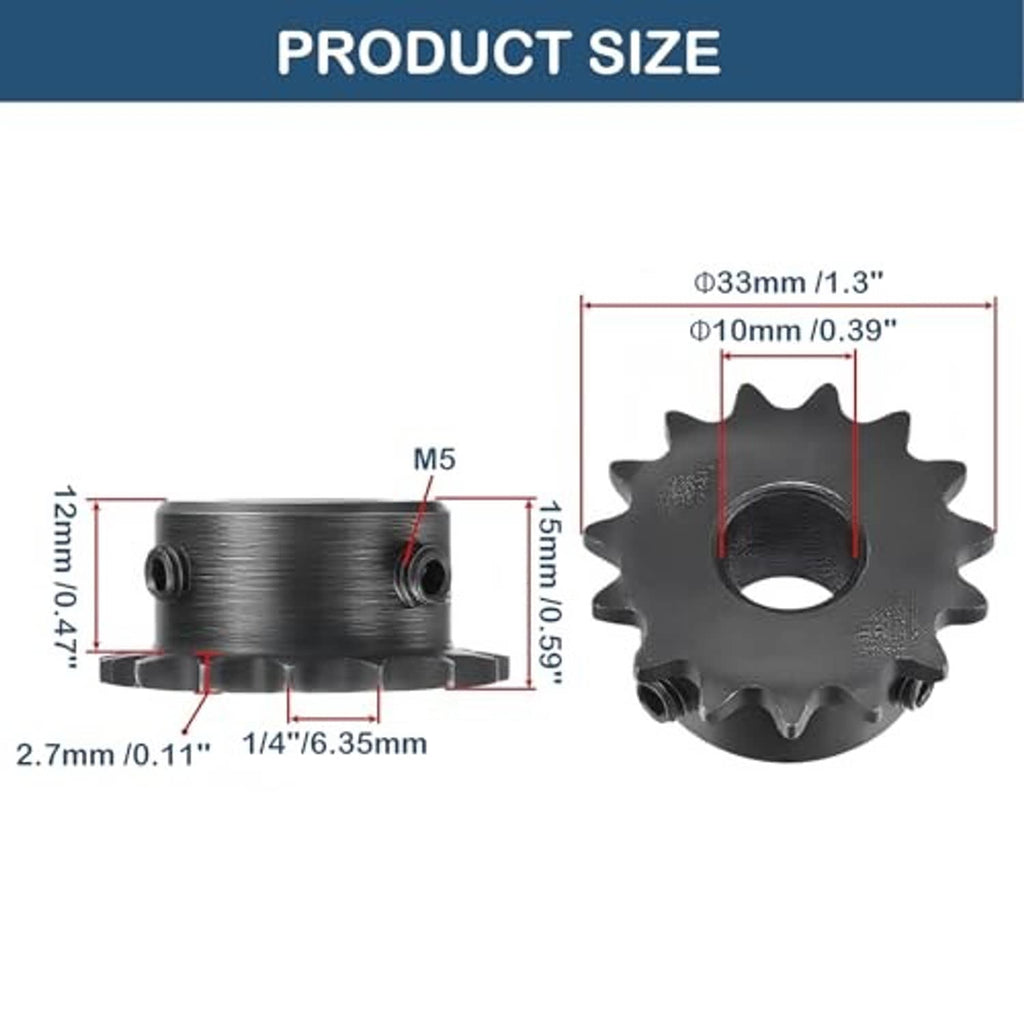Black 15-tooth roller sprocket with inner bore and outer teeth on size diagram
