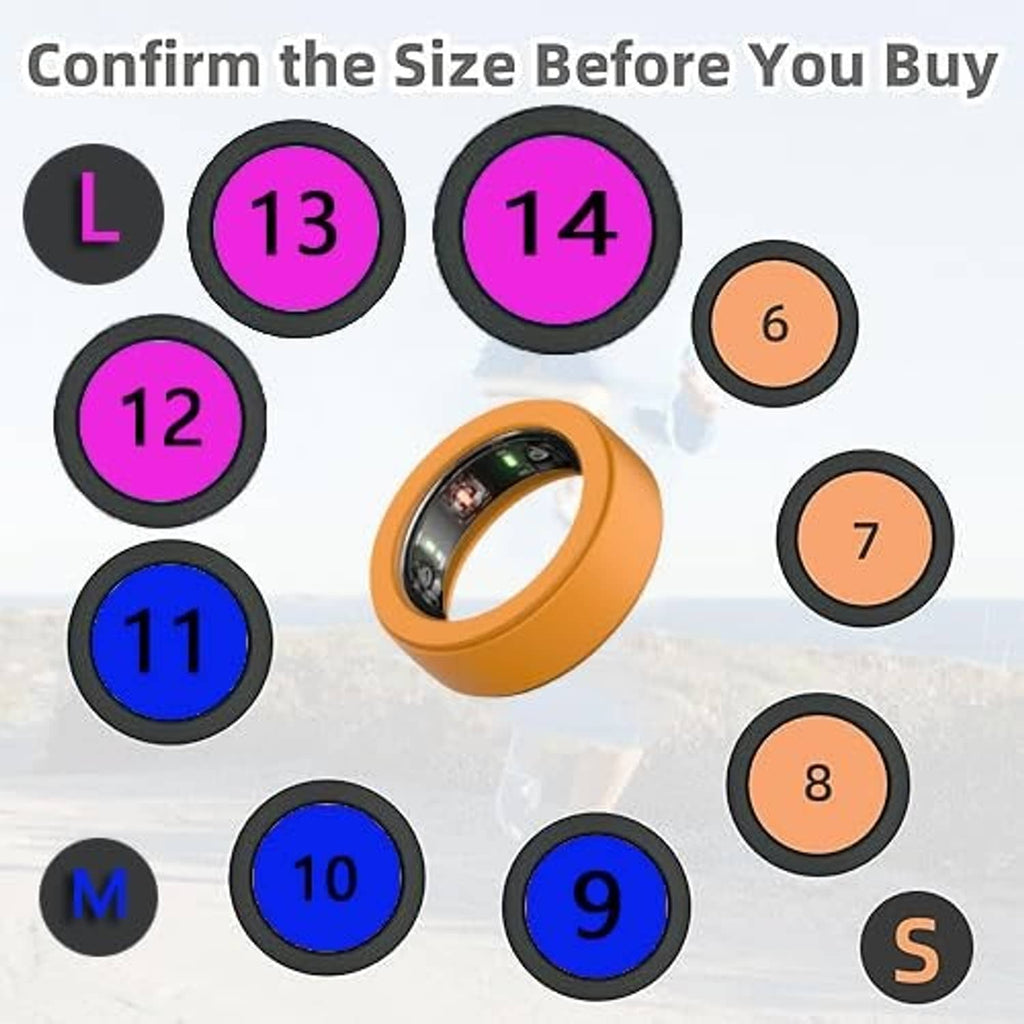 Orange silicone ring protector with size options around it for smart ring fitting