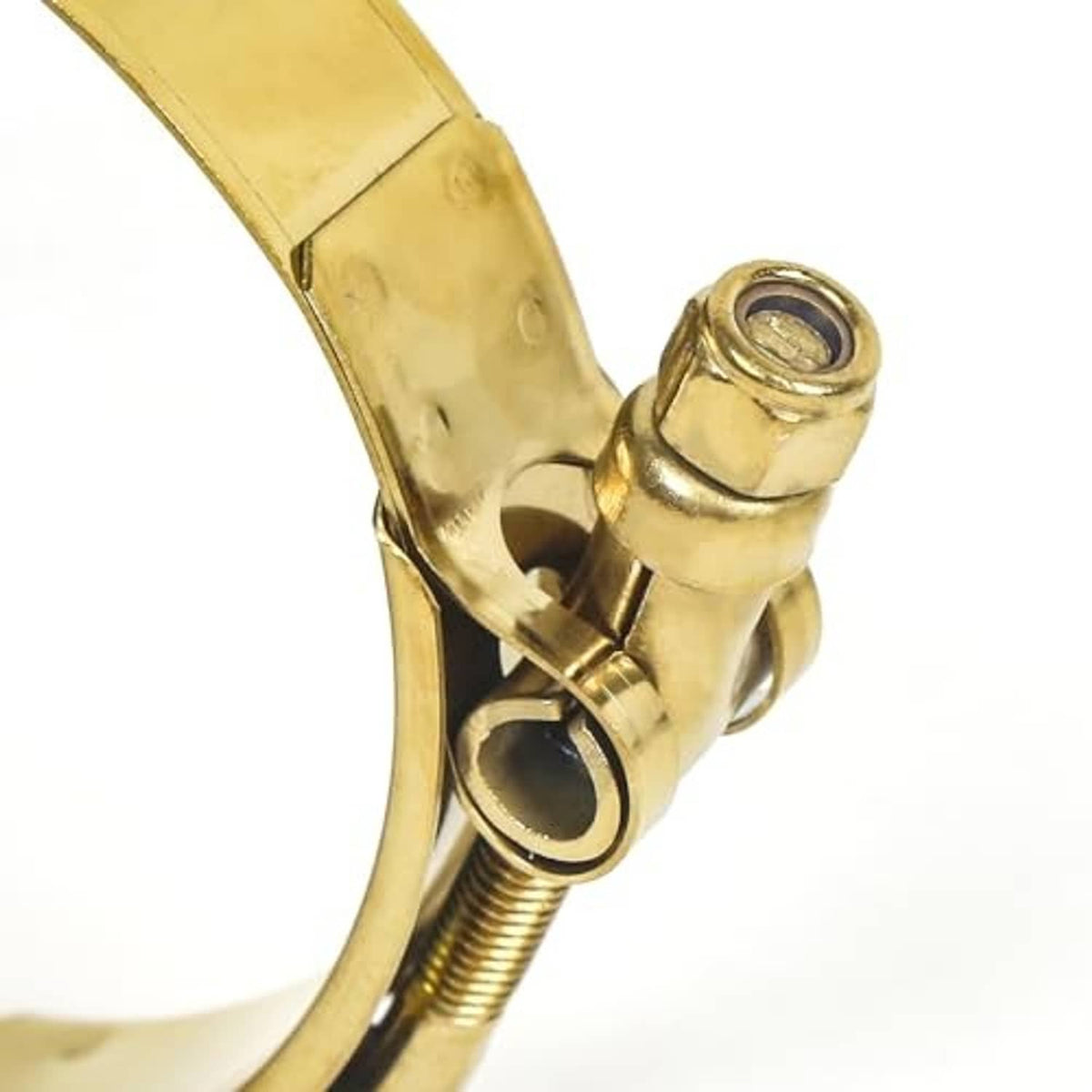 Close-up of gold T-bolt hose clamp fastening end with threaded screw and nut.