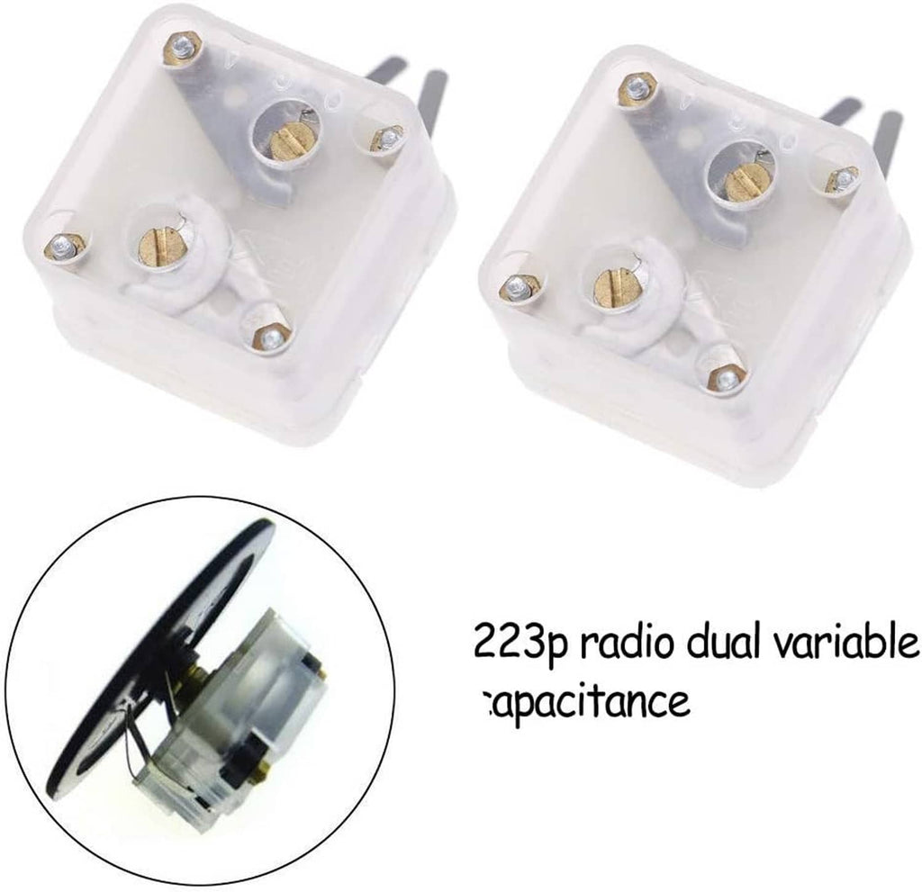 Duplex radio dual variable capacitor set with close-up detail of the shaft and terminals