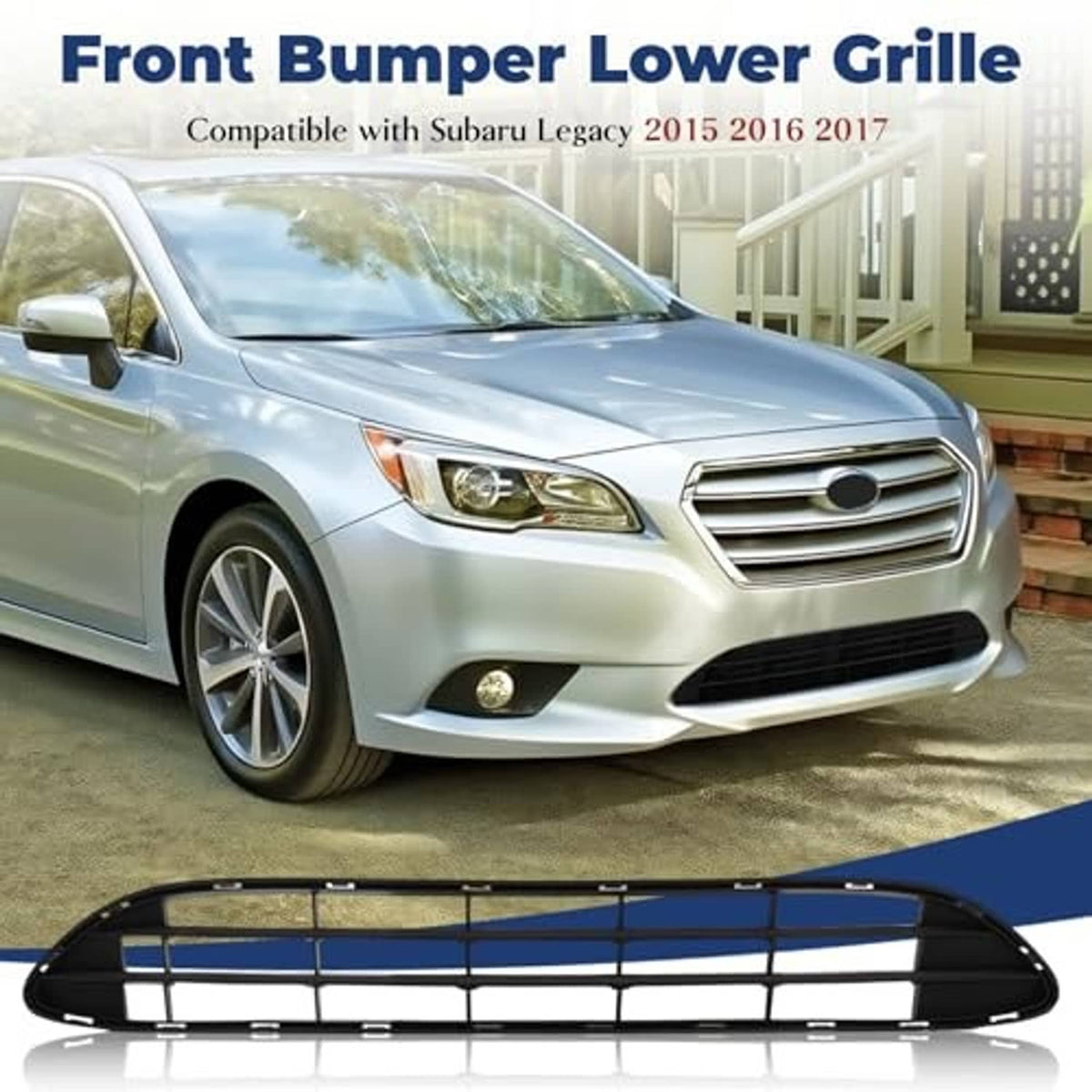 Front bumper lower grille in black with silver trim and rectangular grid openings