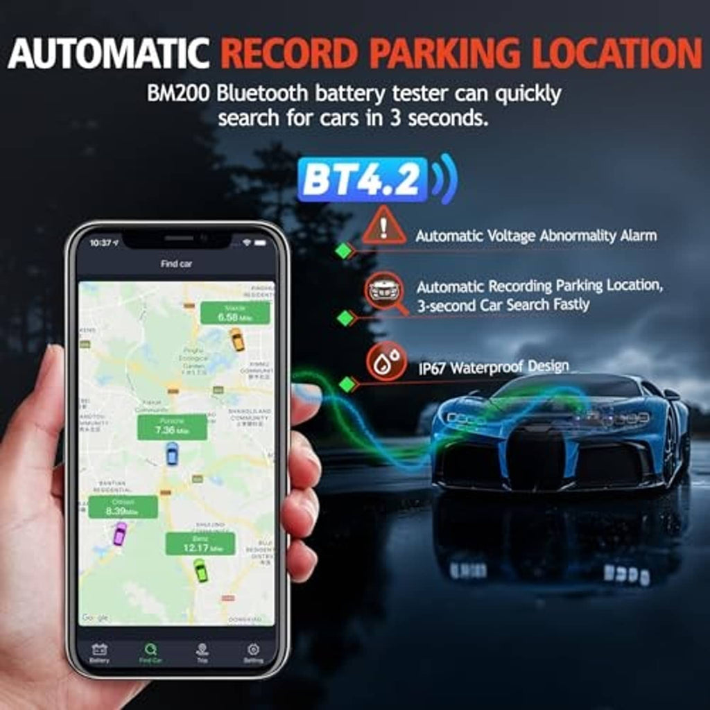 Smartphone showing battery tester location and warning icons on a map interface
