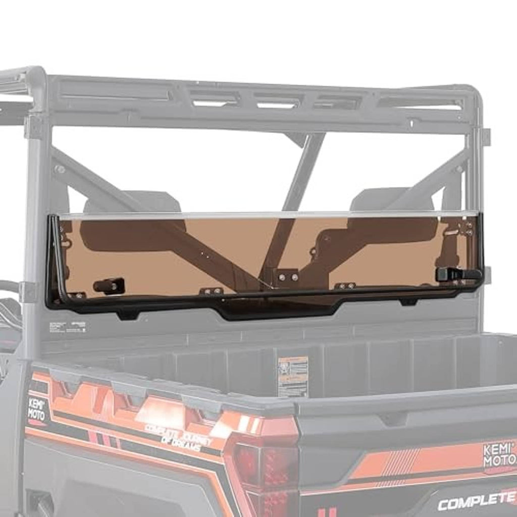 Foldable tinted rear window with dark clamps and brown tinted glass insert