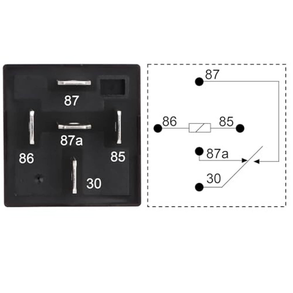 Relay pin layout diagram on black housing showing terminal numbers and contacts