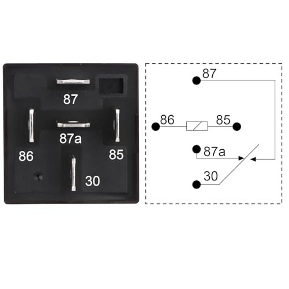 Relay pin layout diagram on black housing showing terminal numbers and contacts