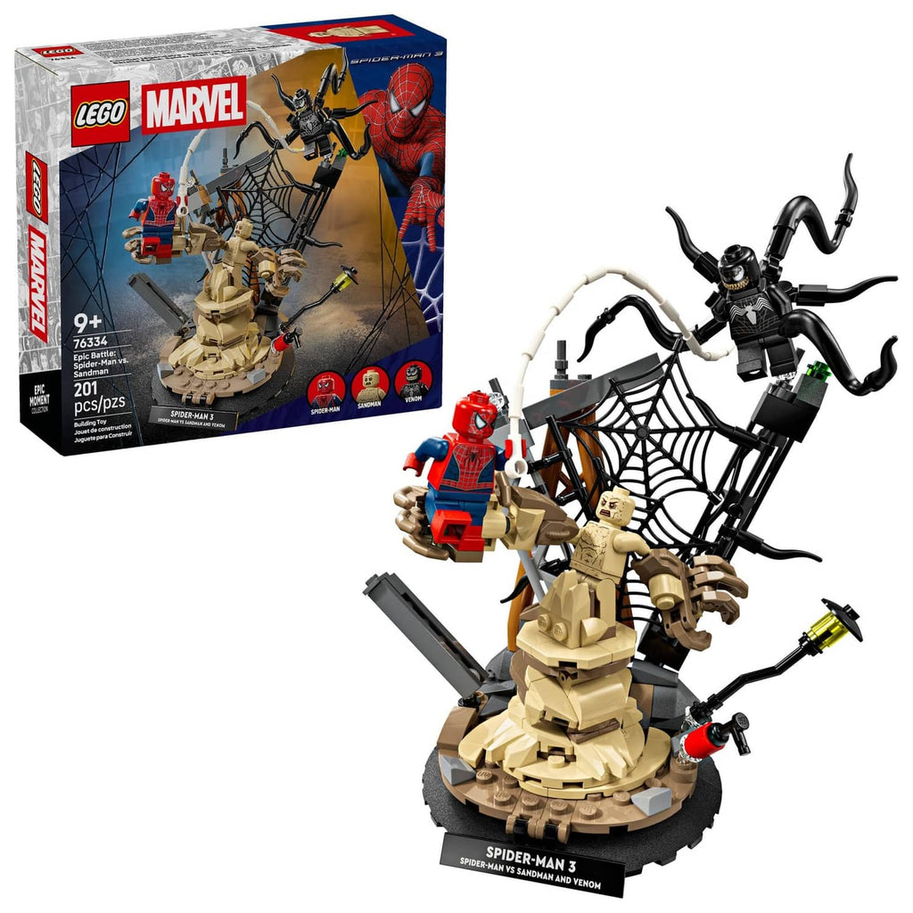 LEGO Marvel building set box and assembled Spider-Man web arena with minifigures